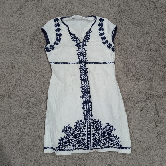 Boden White Linen Dress with Navy Embroidery - Picture 1 of 15